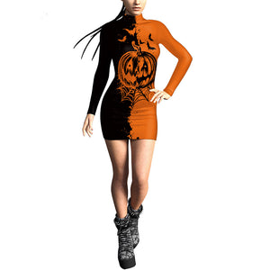 Women's 3D Digital Printing Pumpkin Slim-fit Long-sleeved Sexy Tight Hip Dress