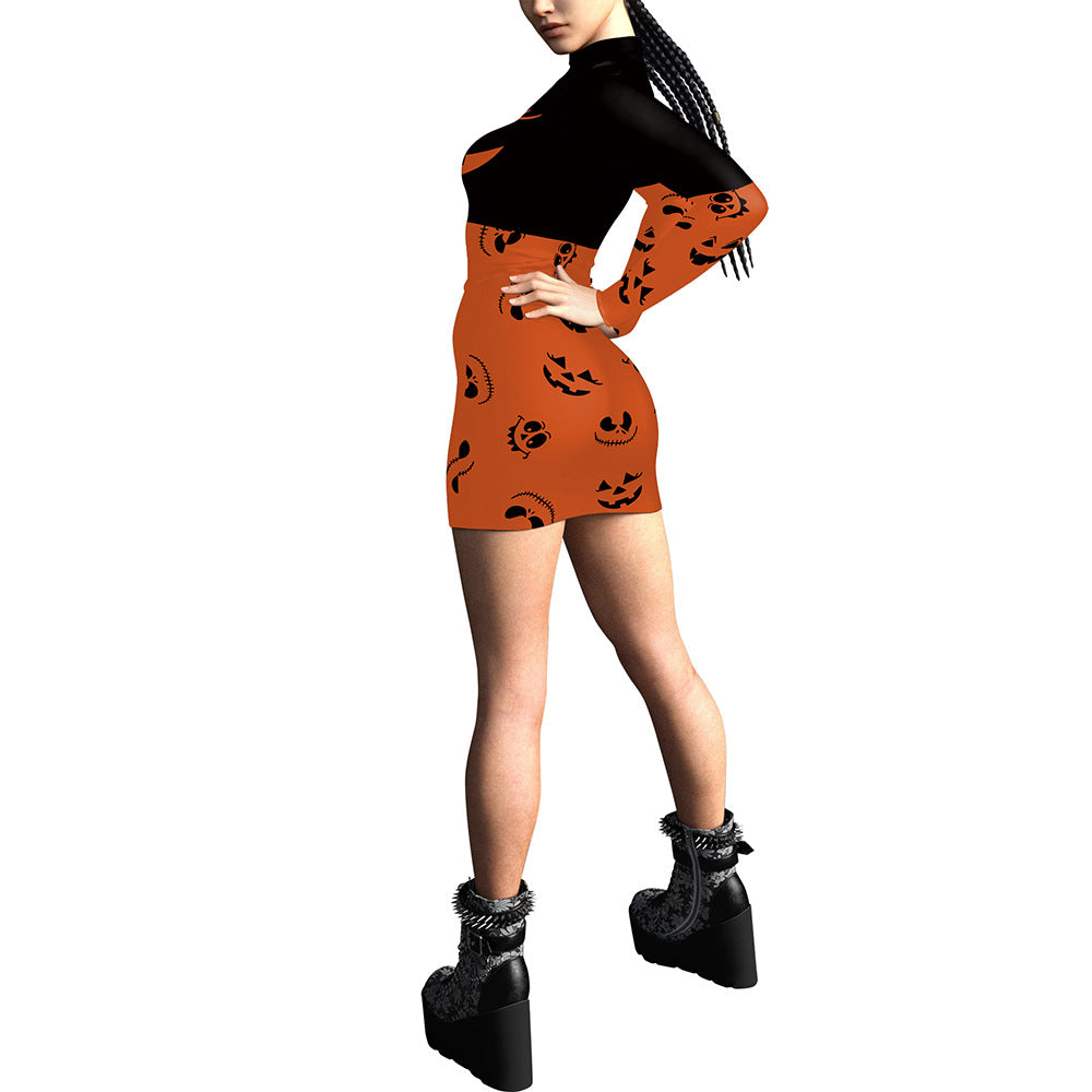 Women's 3D Digital Printing Pumpkin Slim-fit Long-sleeved Sexy Tight Hip Dress