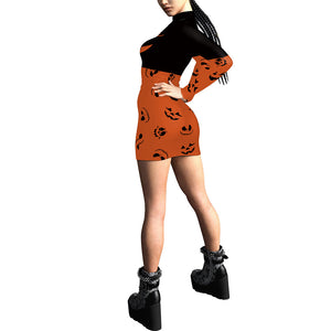 Women's 3D Digital Printing Pumpkin Slim-fit Long-sleeved Sexy Tight Hip Dress