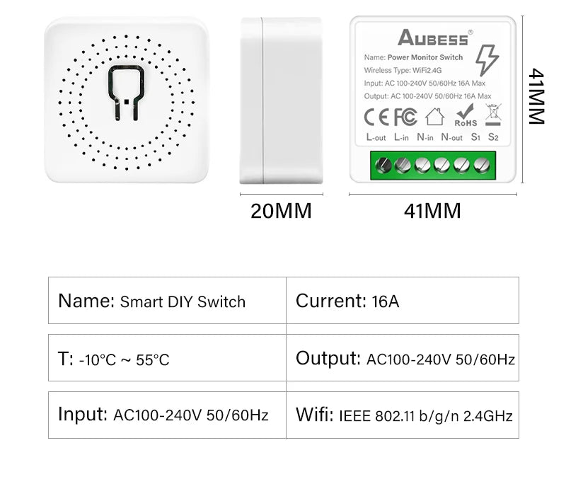 16A Tuya Smart WiFi Switch,2-way Mini Light Switch Power Metering Breaker,For Alexa,Google Home,Yandex Alice,Smart Life Control