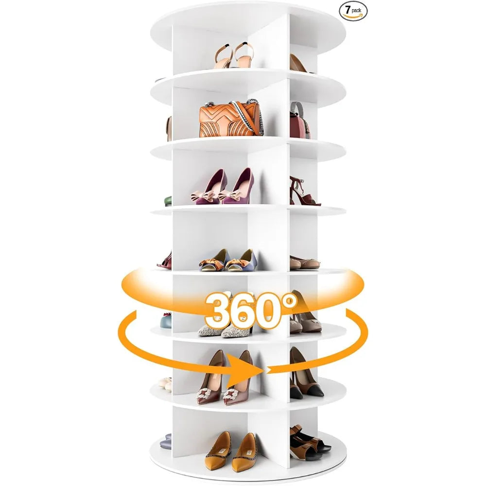 Rotating Shoe Rack Tower 7-layer Organizer, Vertical Rotating Shoe Display, Rotating 360 Degree White Shoe Rack Storage