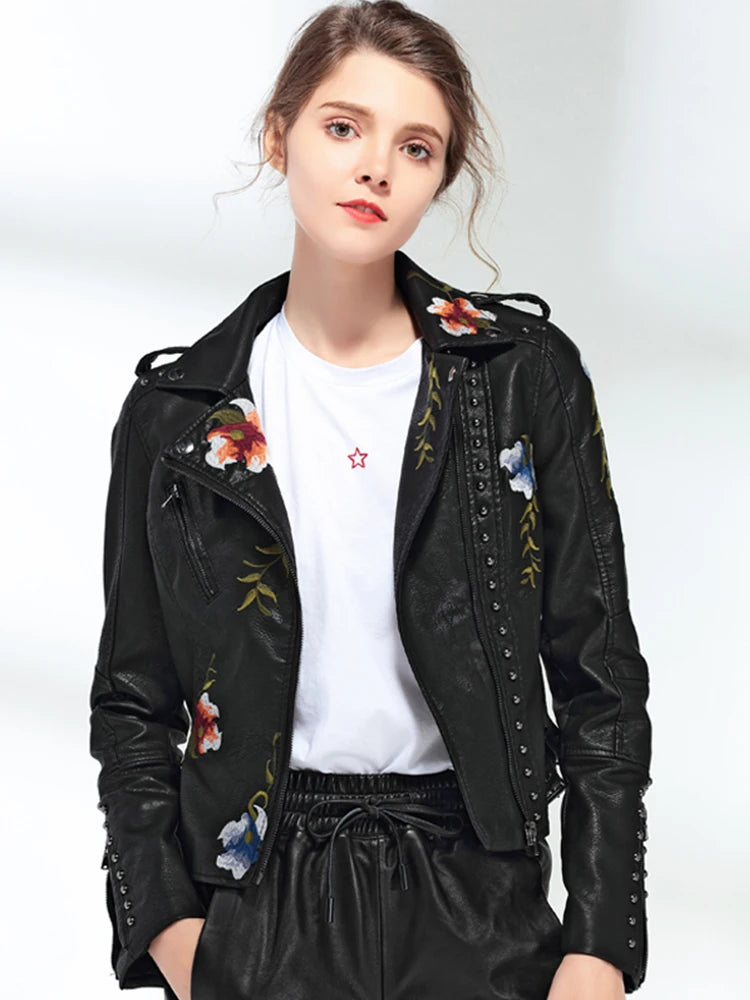 Women's Floral Print Faux Soft Leather Jacket