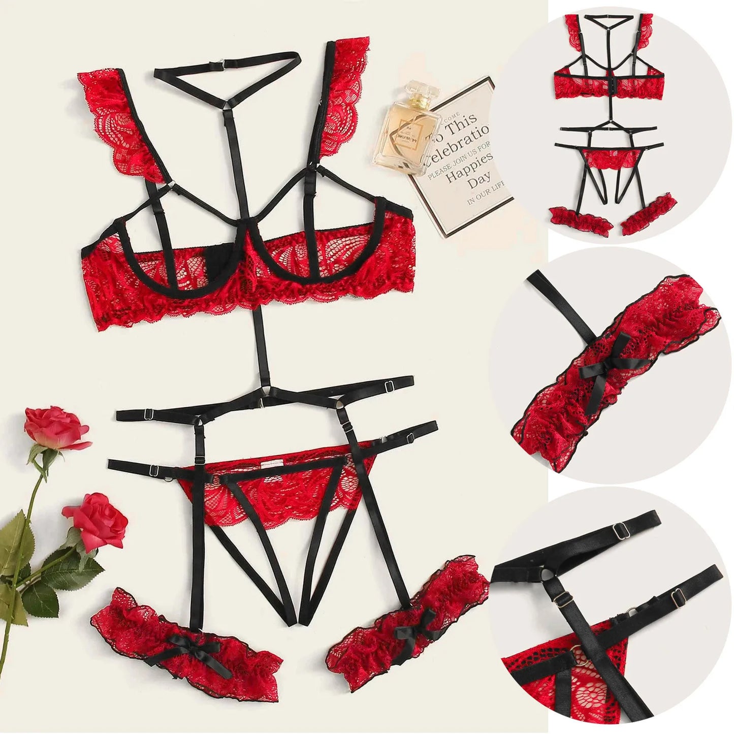 New Sexy Fashion Lace Lingerie Solid Color Embroidery Lace Garter Belt Leg Loop Erotic Intimates Temptation Slimming Underwear
