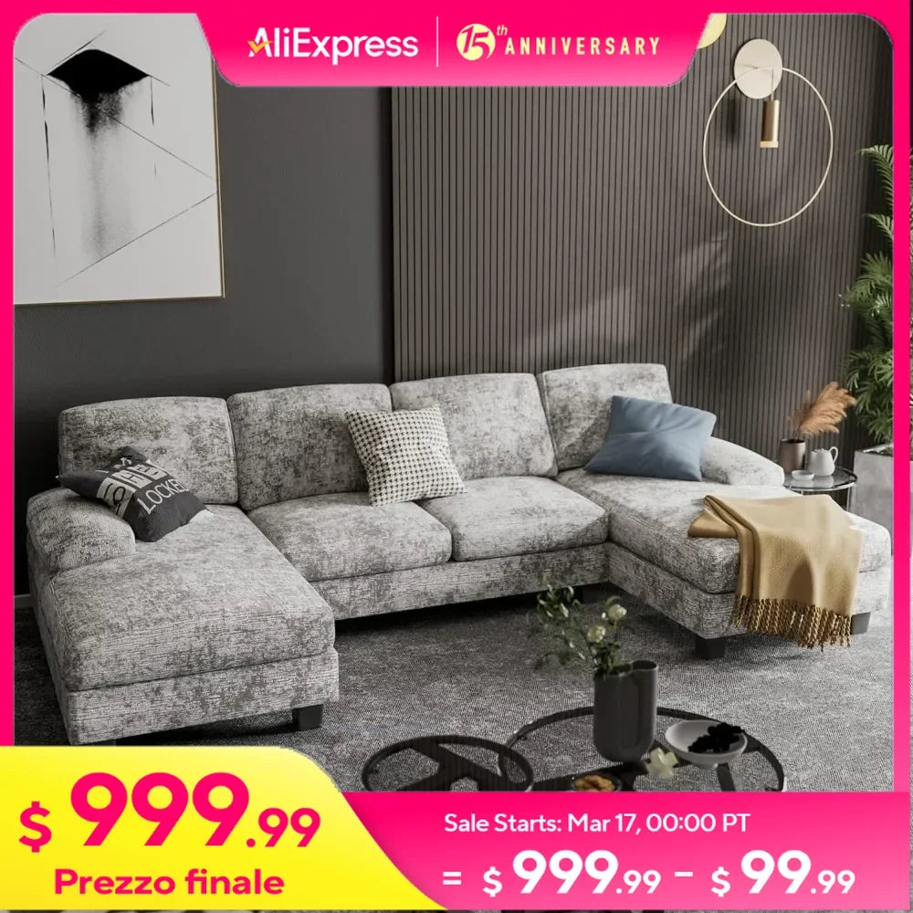 Convertible Sectional Sofa Couch, 4 Seat Sofa Set for Living Room U-Shaped Modern Fabric Modular Sofa Sleeper with Double Chaise