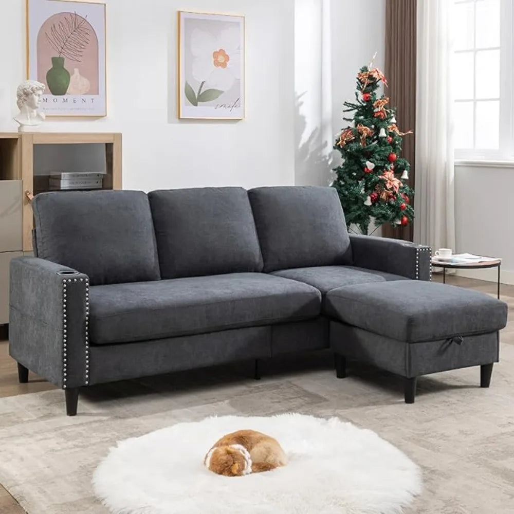 Sectional Sofa with Ottoman Nail-Head Design Linen Right Facing Modern Couches with Cup Holder L Shaped Sectional Sofa