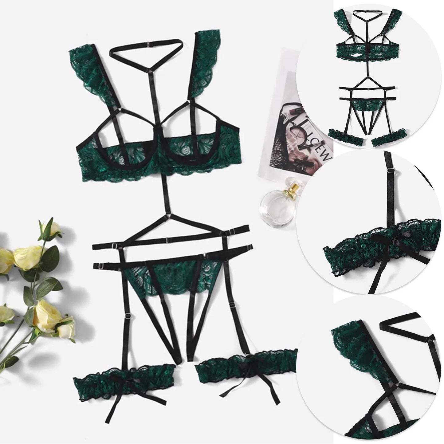 New Sexy Fashion Lace Lingerie Solid Color Embroidery Lace Garter Belt Leg Loop Erotic Intimates Temptation Slimming Underwear