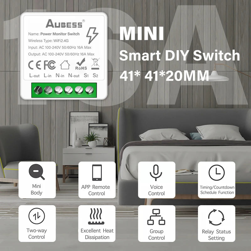 16A Tuya Smart WiFi Switch,2-way Mini Light Switch Power Metering Breaker,For Alexa,Google Home,Yandex Alice,Smart Life Control