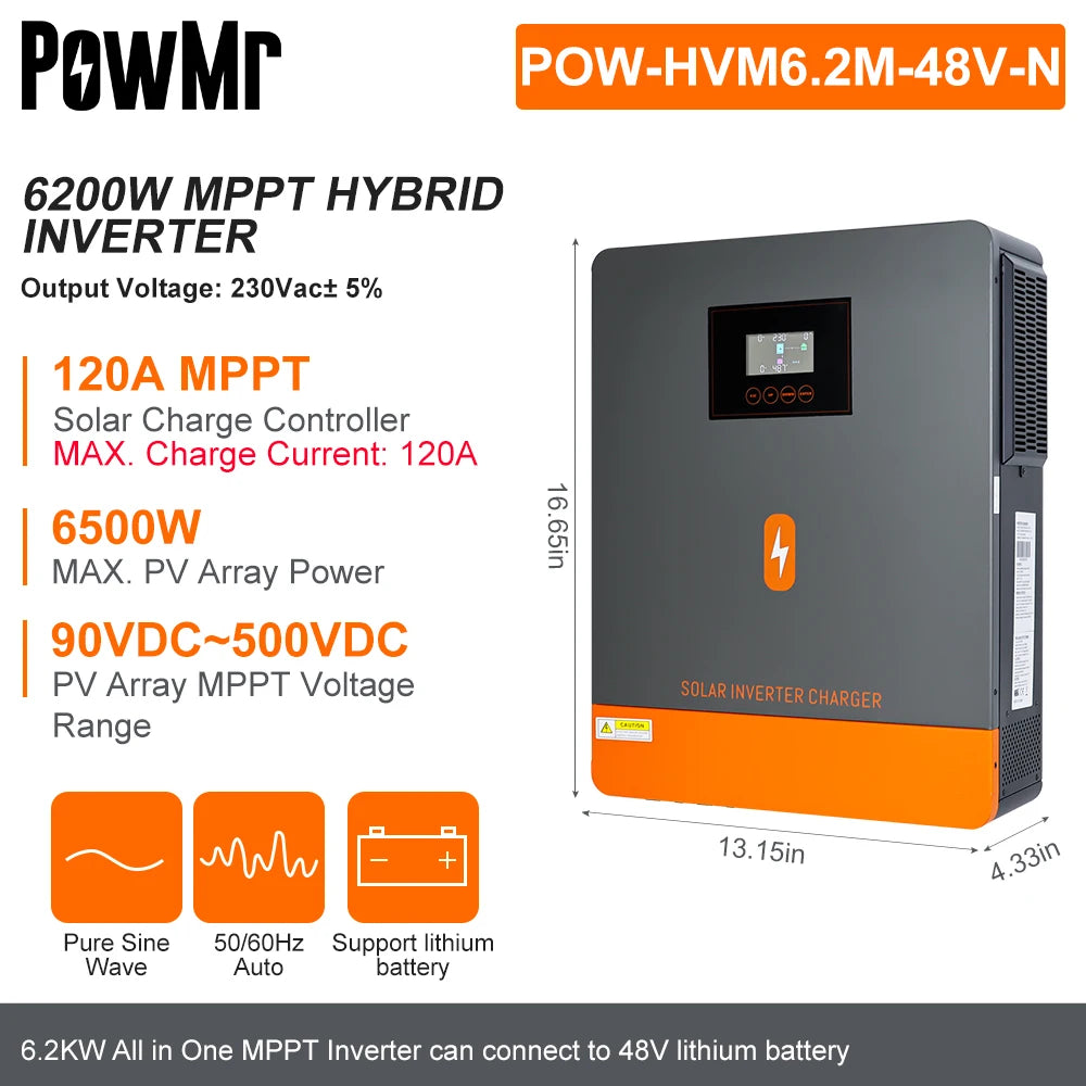 PowMr 6.5KW 4.5KW 6.2KW 4.2KW Hybrid Solar Inverter 48V 24V to 230VAC With Wifi MPPT 150A 130A 120A Charger Can Work No Battery