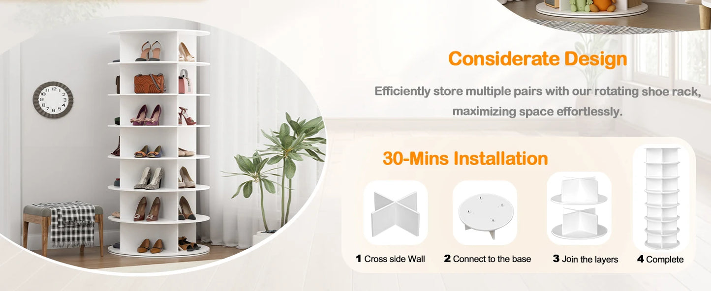 Rotating Shoe Rack Tower 7-layer Organizer, Vertical Rotating Shoe Display, Rotating 360 Degree White Shoe Rack Storage