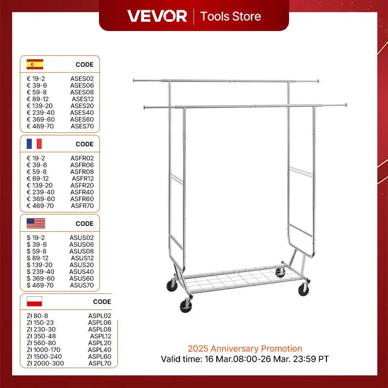 VEVOR Clothing Garment Rack Heavy Duty Clothes Rack Adjustable Length Clothes Rack w/ Bottom Shelf & Wheels for Laundry Room