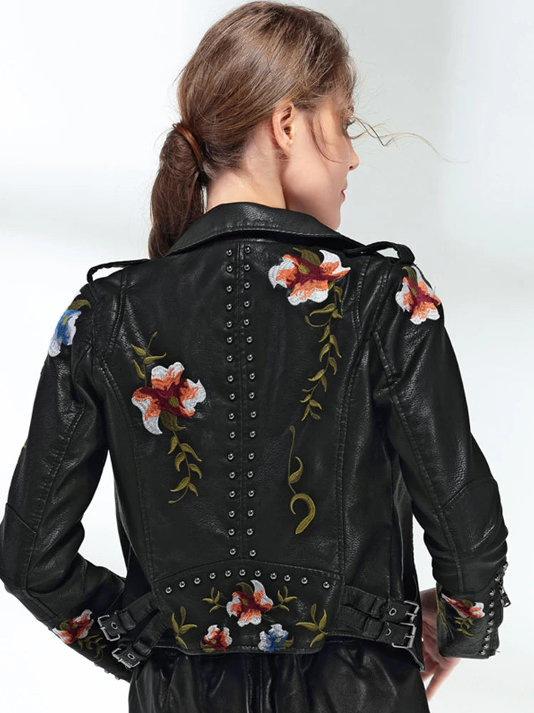 Women's Floral Print Faux Soft Leather Jacket