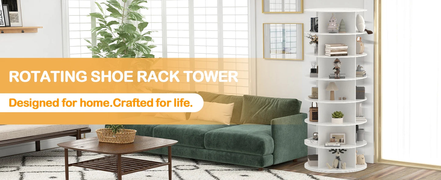 Rotating Shoe Rack Tower 7-layer Organizer, Vertical Rotating Shoe Display, Rotating 360 Degree White Shoe Rack Storage