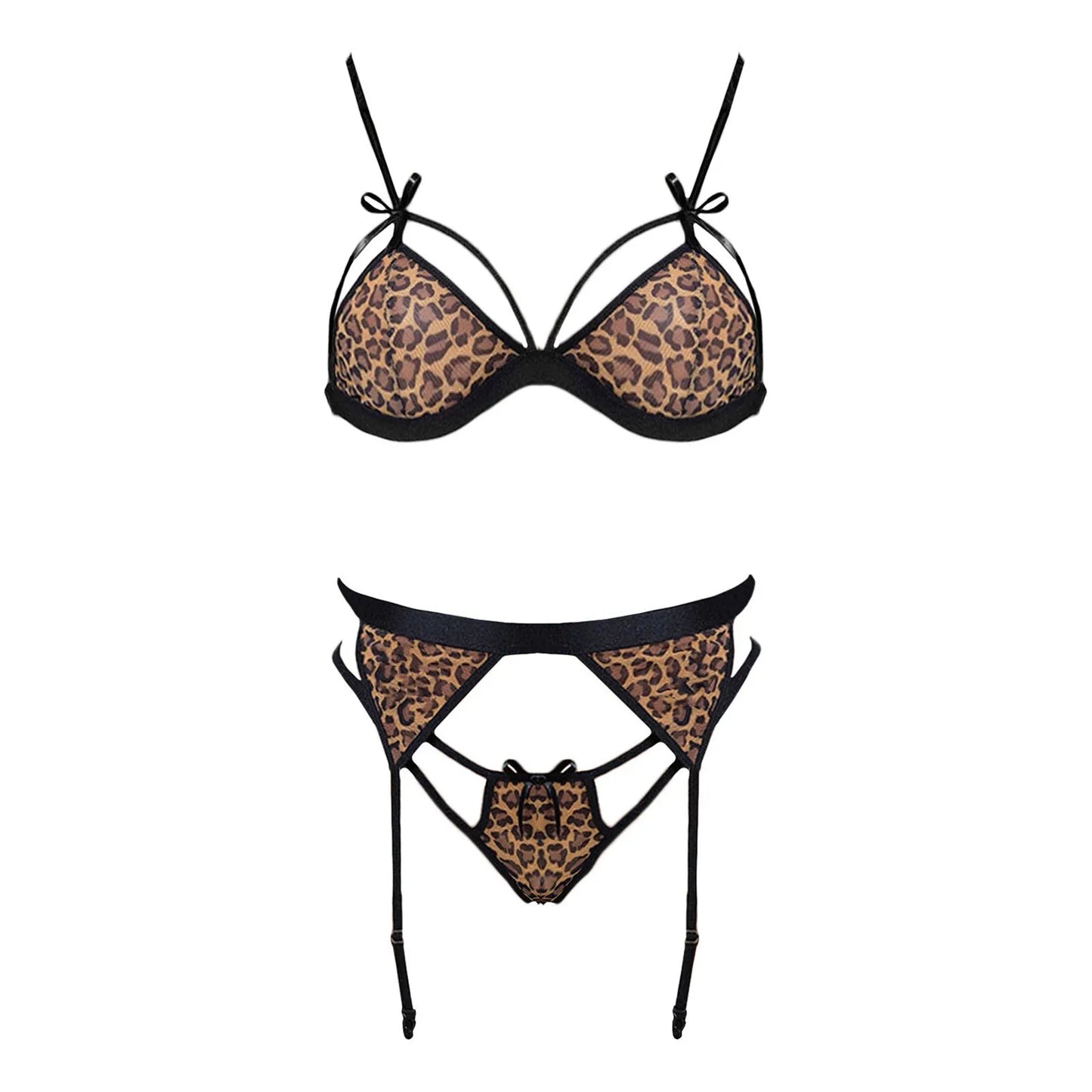 Sexy Adult Lingerie Ultra Sexy Leopard Print Push Up Bra Thong With Garter Set Womens Wireless Leopard Sleepwear Pajama Sets