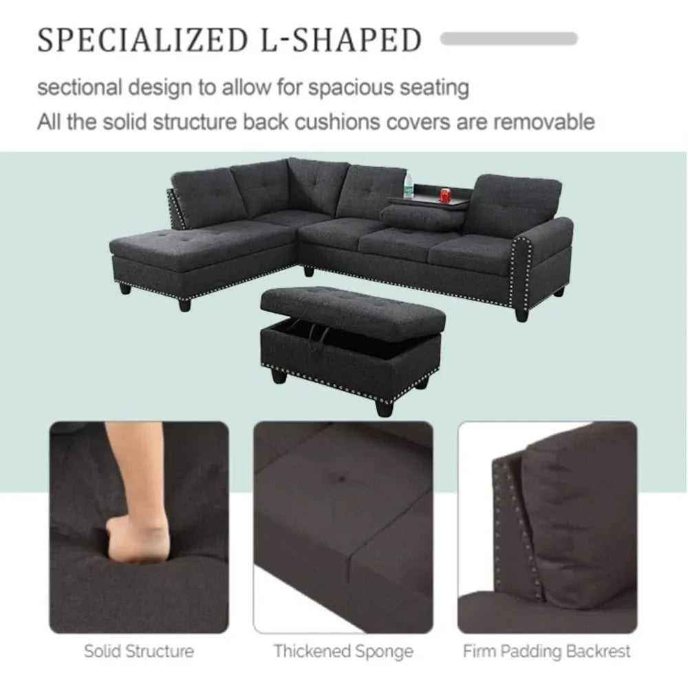 Sectional Sofa with Ottoman Nail-Head Design Linen Right Facing Modern Couches with Cup Holder L Shaped Sectional Sofa