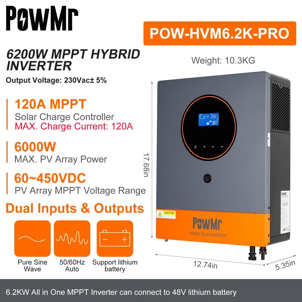 PowMr 6.5KW 4.5KW 6.2KW 4.2KW Hybrid Solar Inverter 48V 24V to 230VAC With Wifi MPPT 150A 130A 120A Charger Can Work No Battery