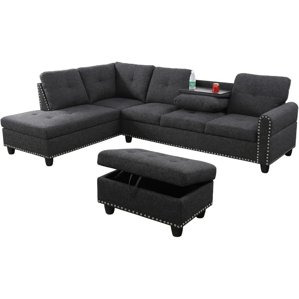 Sectional Sofa with Ottoman Nail-Head Design Linen Right Facing Modern Couches with Cup Holder L Shaped Sectional Sofa