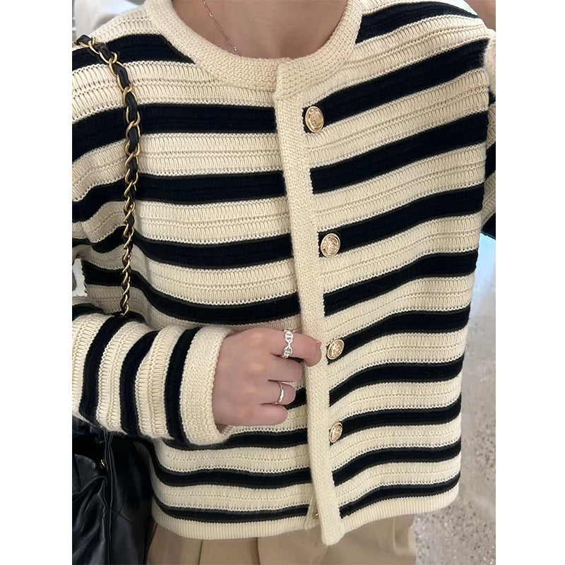 Buckle Striped Classic Style Knitted Cardigan Sweater Short Coat