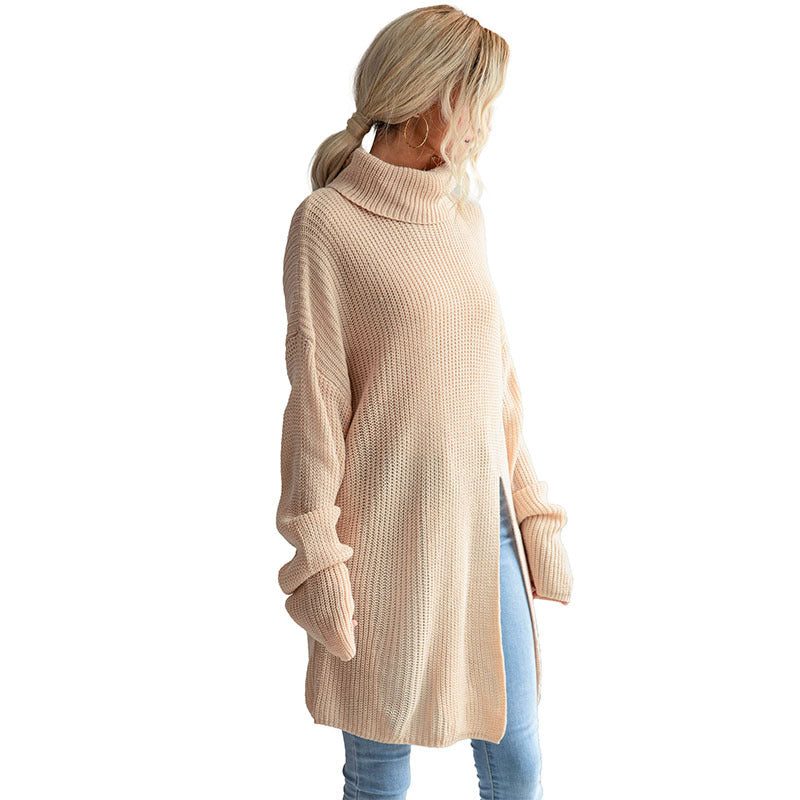 European And American Fashion Women's Wear Pure Color Split Long Sleeve High Collar Sweater Dress