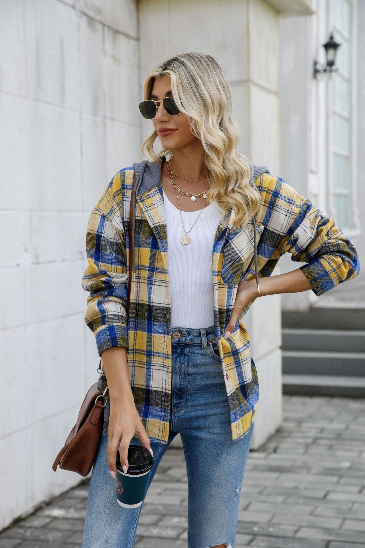 Women's Hooded Spliced Plaid Blouse Woolen Shirt