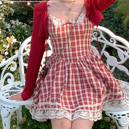 Women's Suspenders Red Plaid French Dress