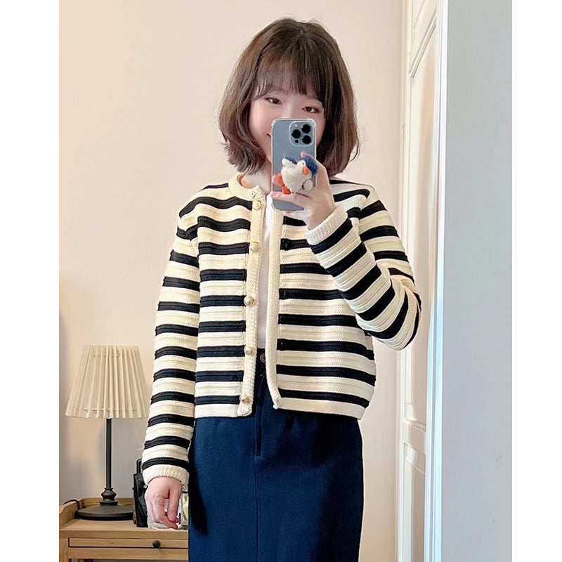 Buckle Striped Classic Style Knitted Cardigan Sweater Short Coat