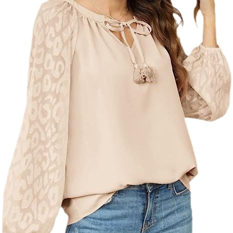 V-neck Women's Long Sleeve Chiffon Lace Loose Shirt