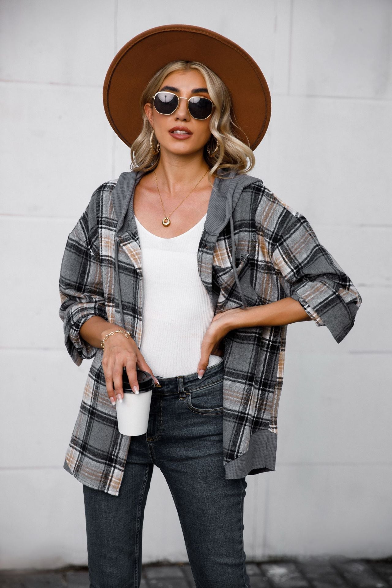 Women's Hooded Spliced Plaid Blouse Woolen Shirt