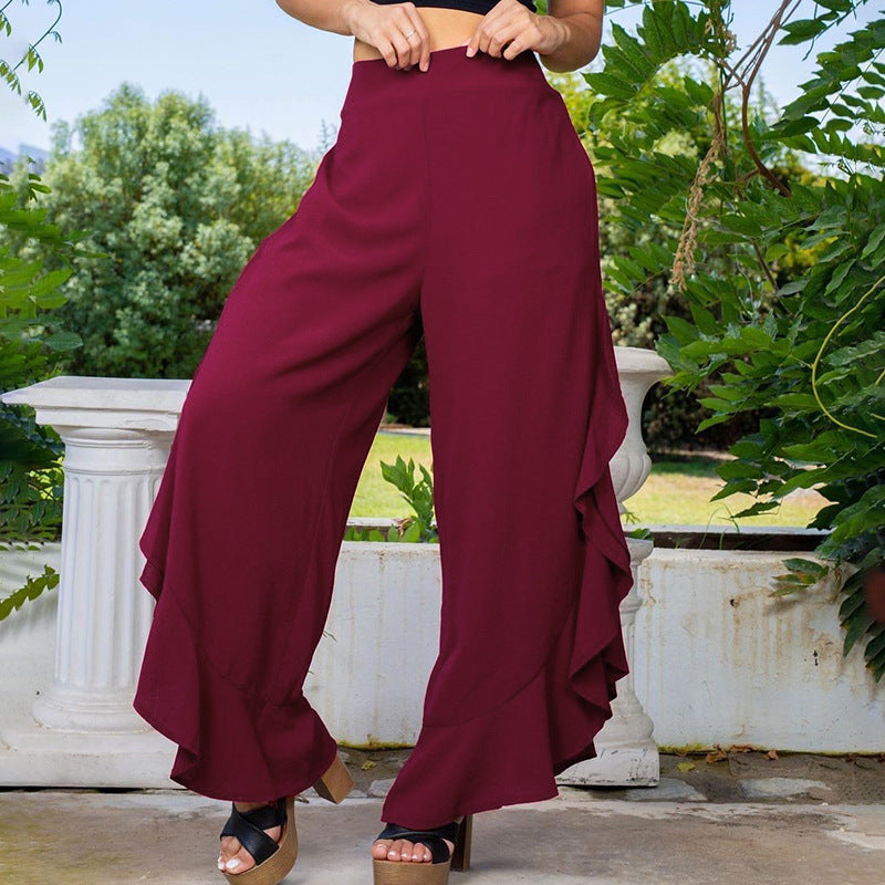 Women's Fashion Pure Color Ruffles Loose Casual Wide-leg Trousers