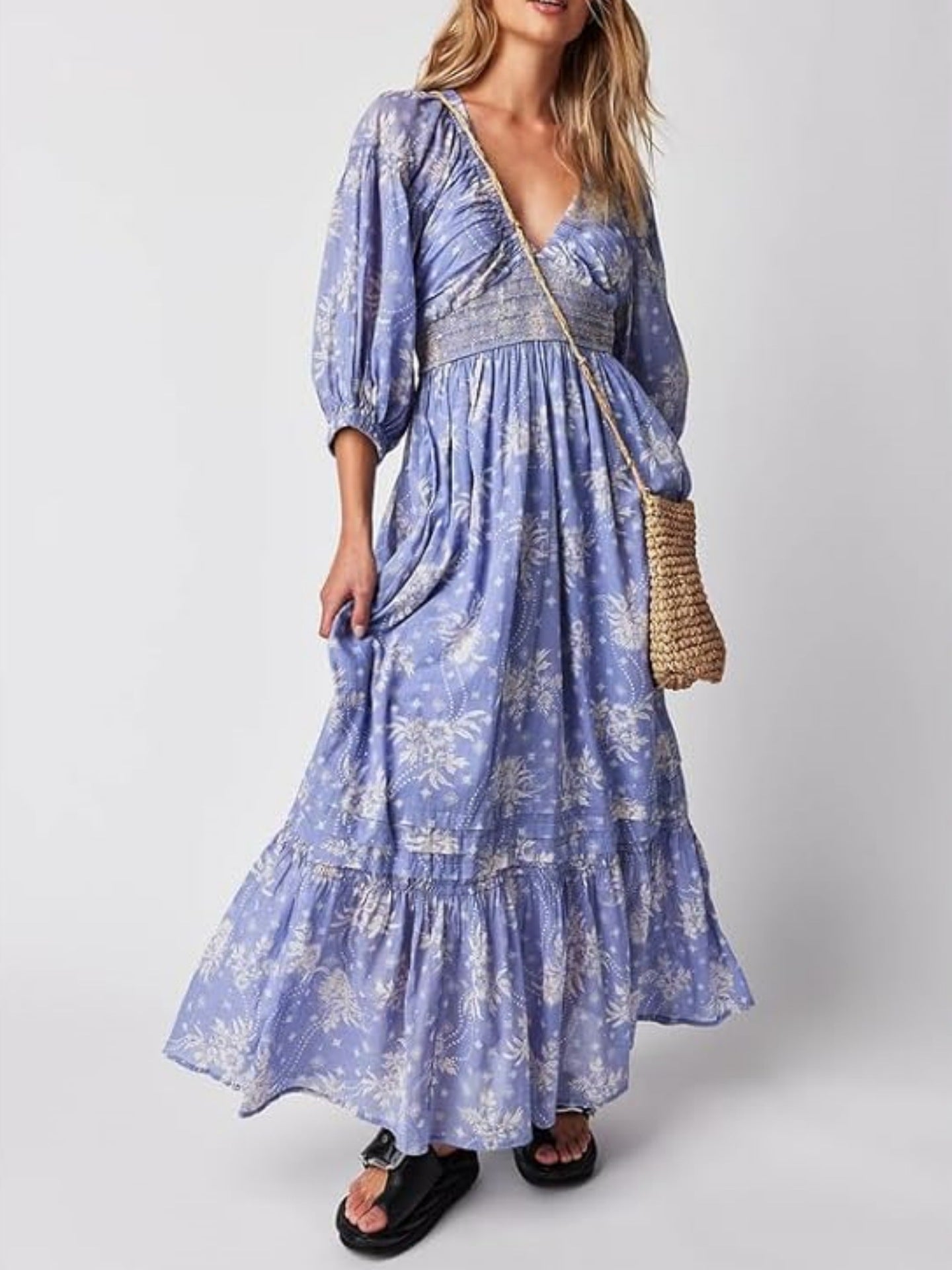 Printed V-neck Tie With Bubble Wrap Sleeve Length Dress