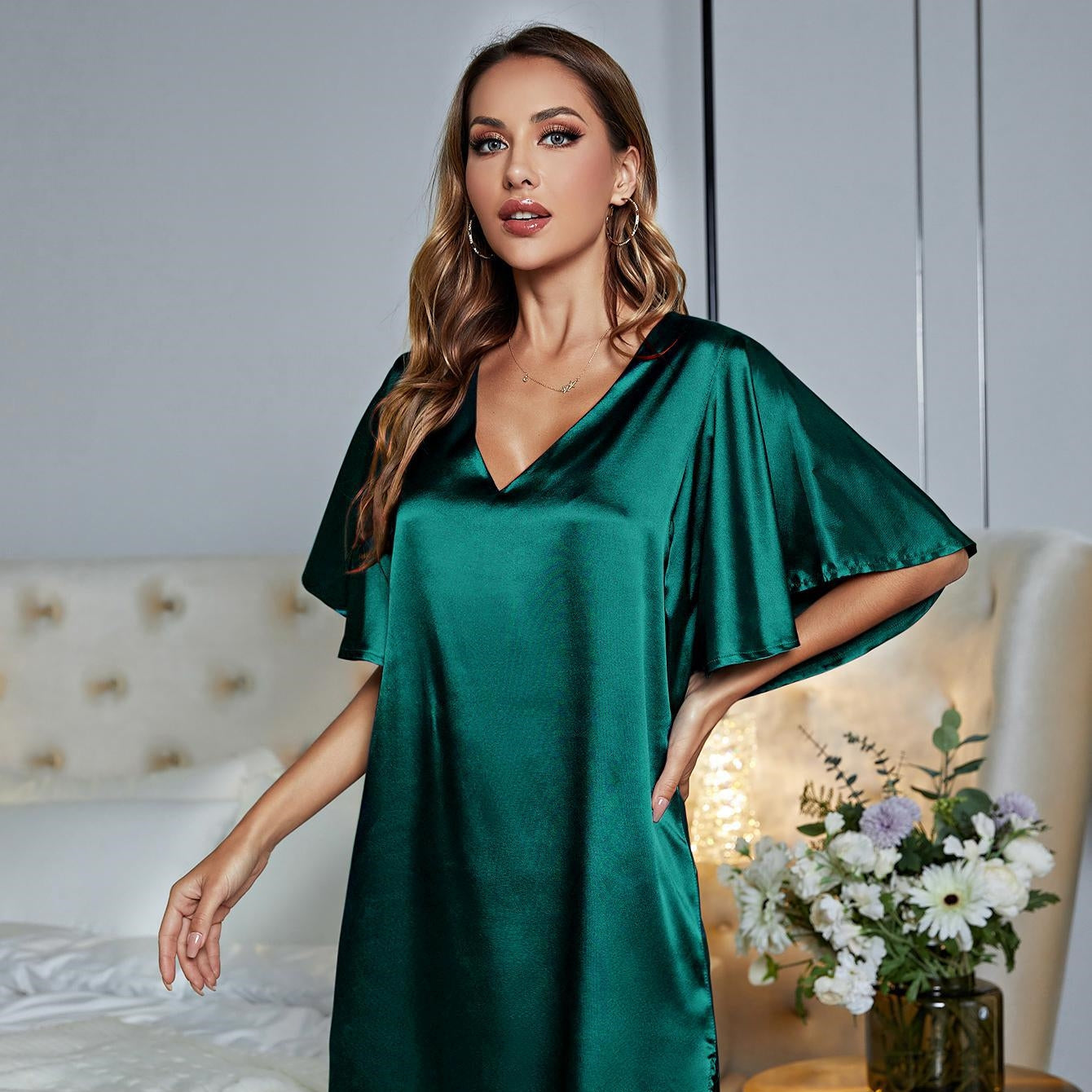 Women's Silk-like Home Wear Solid Color Nightdress