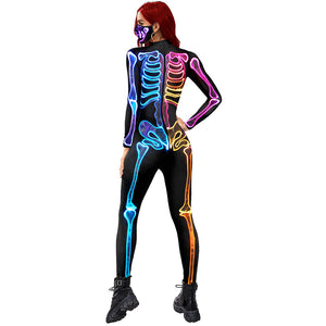 Halloween Colorful Skeleton Printing Long Sleeve Tights Women's Bodysuit