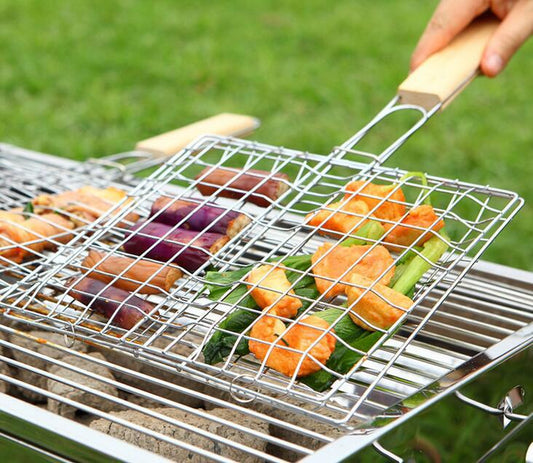 Stainless Steel Outdoor Grill Basket Wooden Handle Square