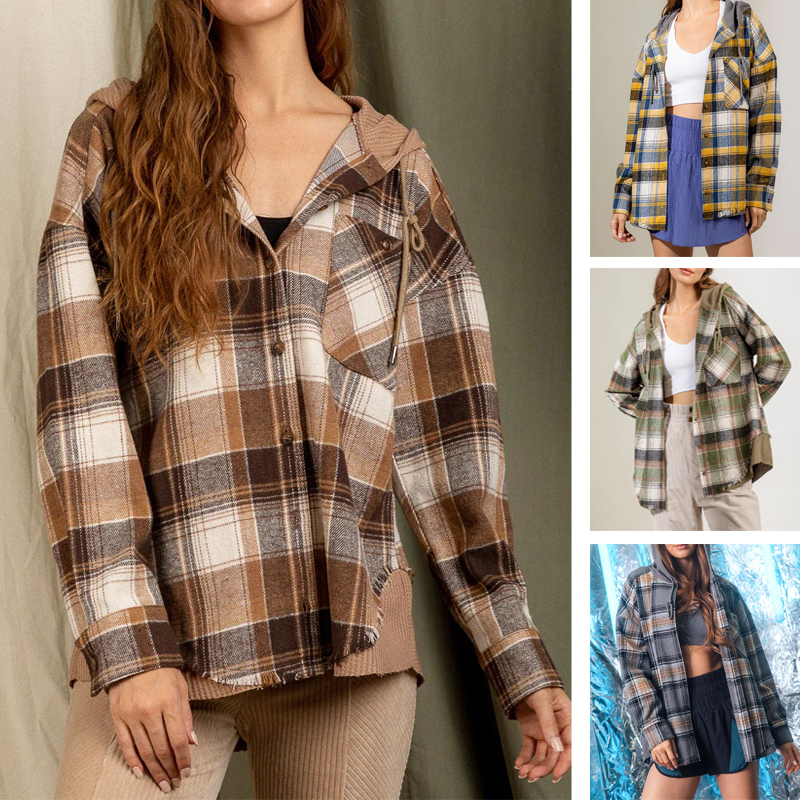 Women's Hooded Spliced Plaid Blouse Woolen Shirt