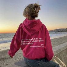 Carica l&#39;immagine nel visualizzatore di Gallery, Dear Person Behind Me,the World Is A Better Place,with You In It,love,the Person In Front Of You,Women&#39;s Plush Letter Printed Kangaroo Pocket Drawstring Printed Hoodie Unisex Trendy Hoodies