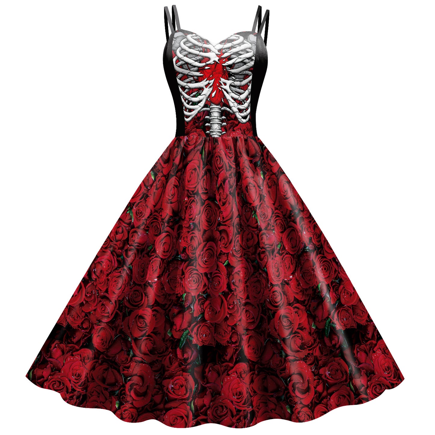 Halloween New Style Skirt Strap Skeleton Skull Head Digital Print Dress