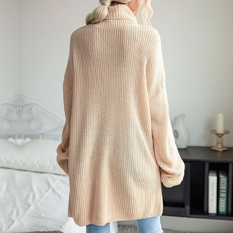 European And American Fashion Women's Wear Pure Color Split Long Sleeve High Collar Sweater Dress