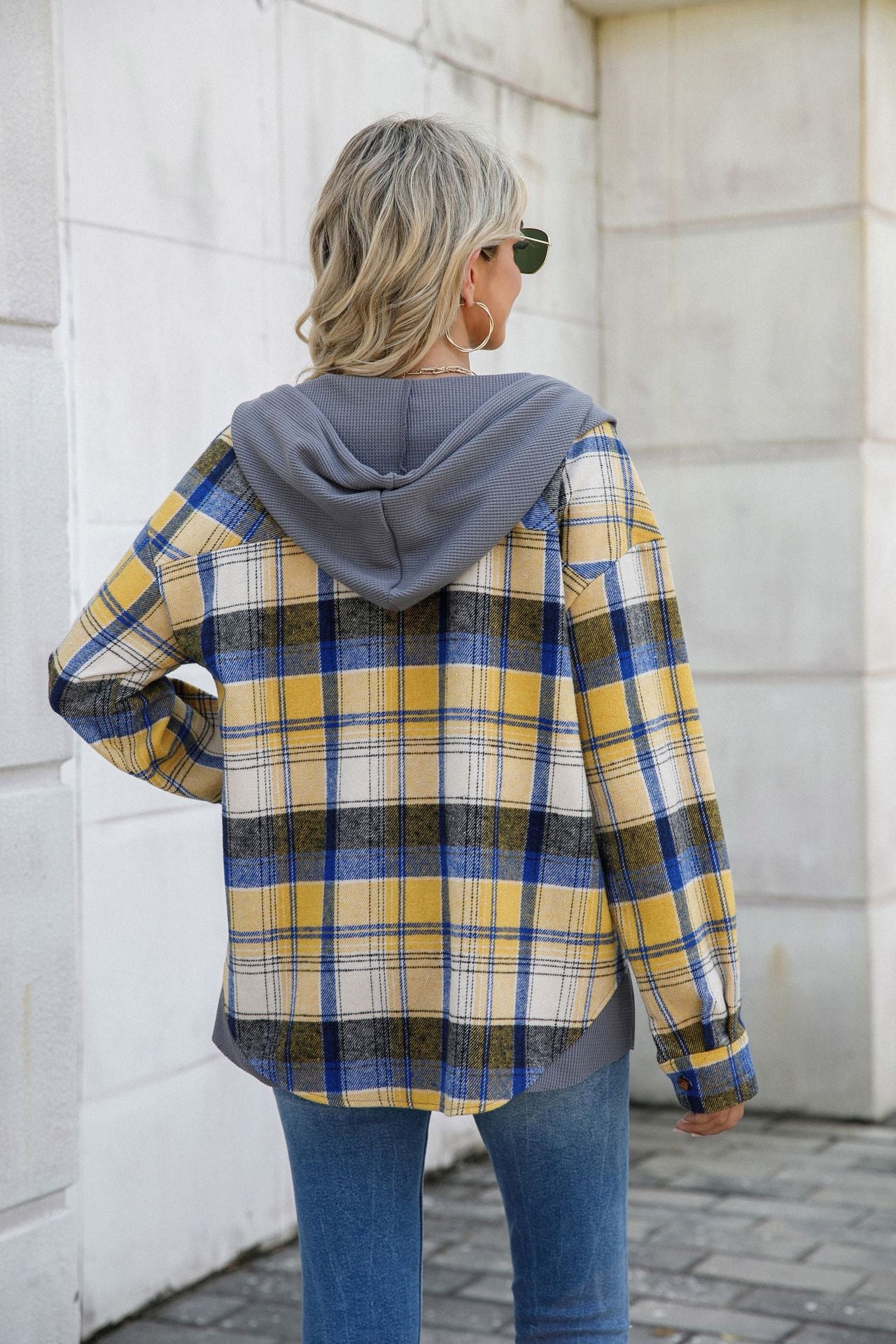 Women's Hooded Spliced Plaid Blouse Woolen Shirt