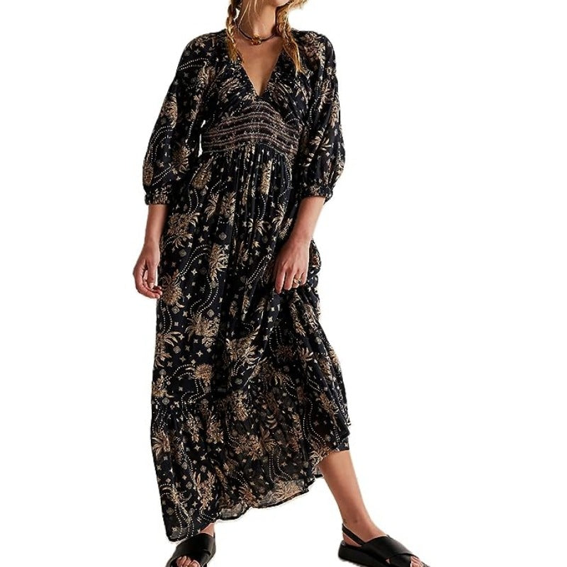 Printed V-neck Tie With Bubble Wrap Sleeve Length Dress