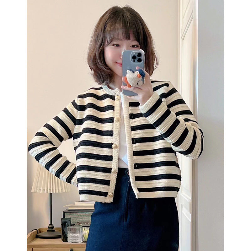 Buckle Striped Classic Style Knitted Cardigan Sweater Short Coat