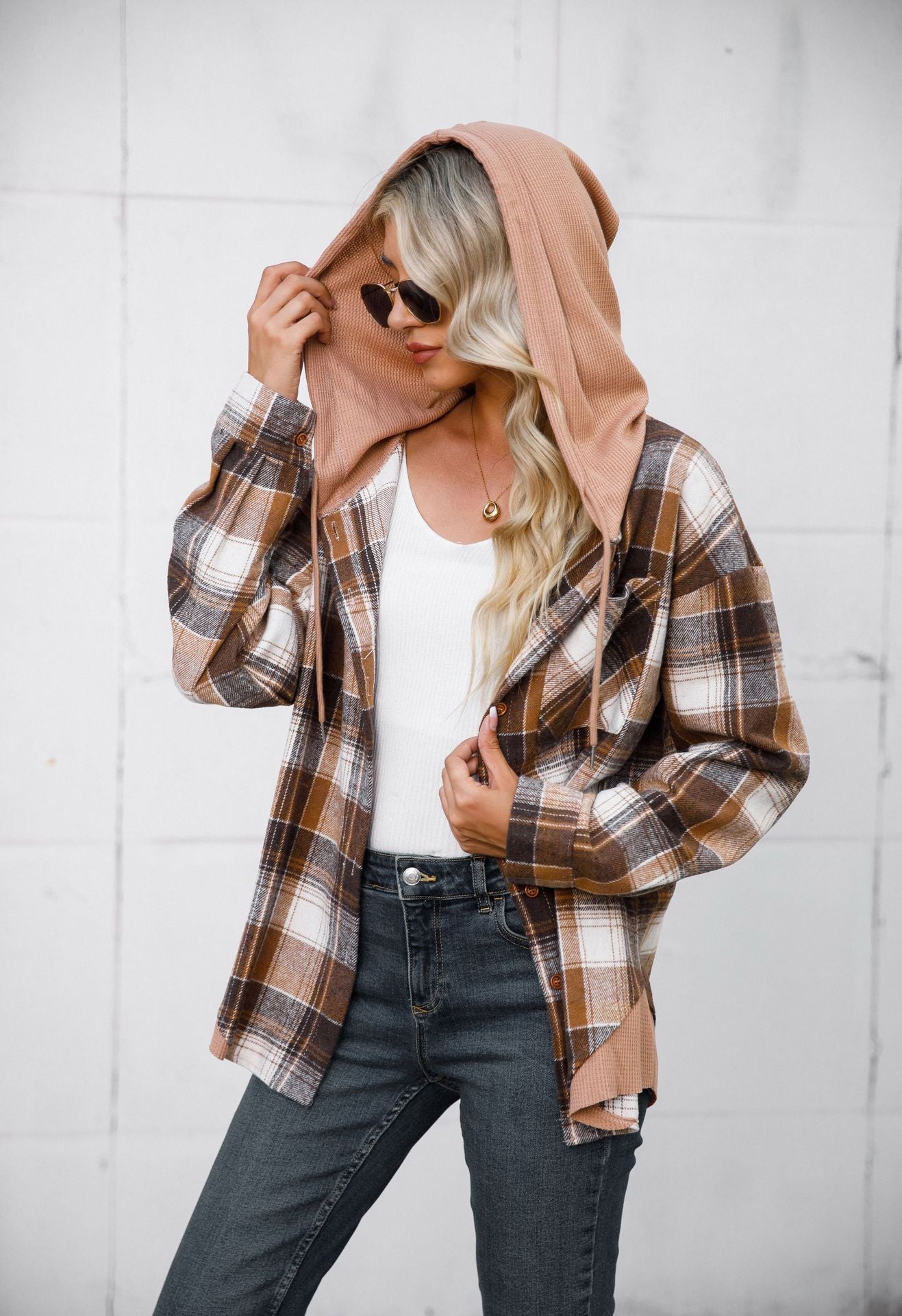 Women's Hooded Spliced Plaid Blouse Woolen Shirt