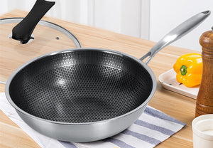 Stainless Steel Wok Non-stick Pan Full Screen Honeycomb Design No Lampblack No Coating Frying Pan Kitchen Tools Kitchenware New