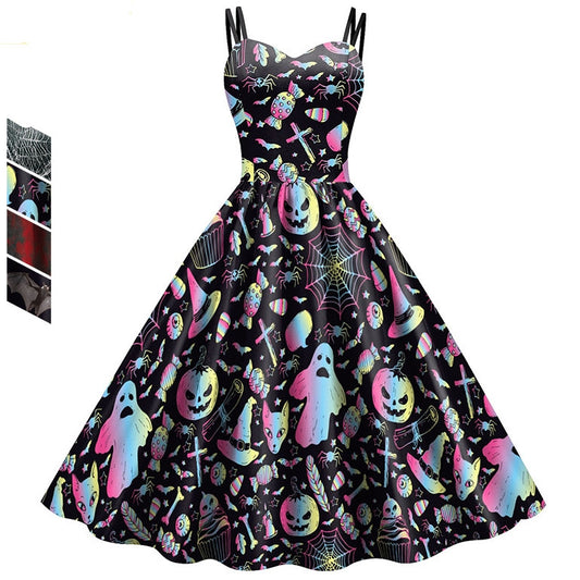 Women's Wansheng Sling Skull Spider Web Digital Printed Dress