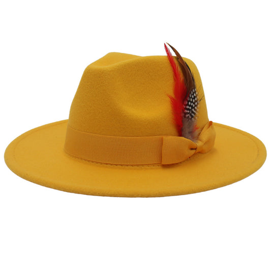 Sombrero de ala ancha con plumas de lazo para otoño e invierno, estilo europeo y americano, gorro de fieltro de cachemira
