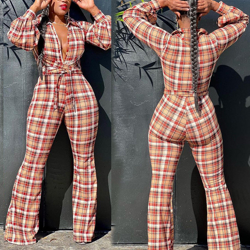 Women's Long-sleeved Printed Checks Jumpsuit