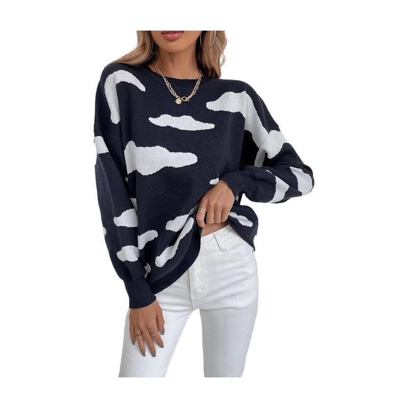 Women's Fashion Long Sleeve Round Neck Color Clash Jacquard Sweater