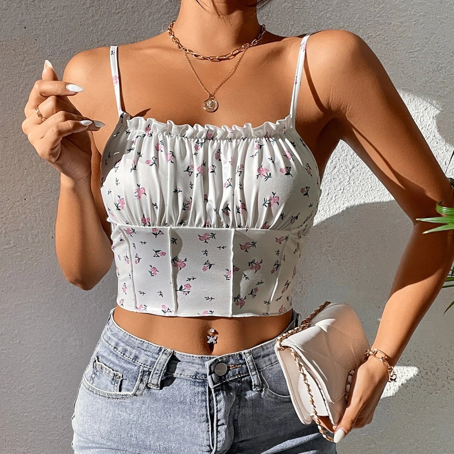 Women's Printed Ruffled Spaghetti Straps Vest