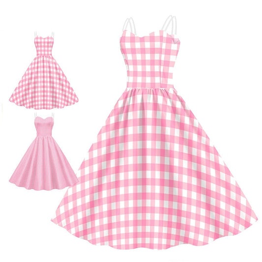 Women's Barbie Digital Print Pink Plaid Dress