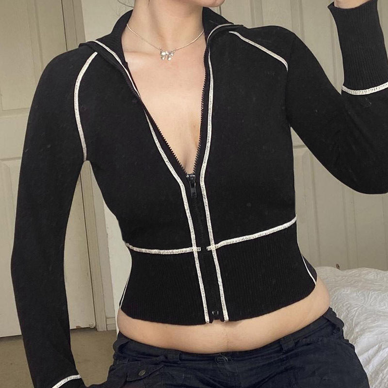 Women's Fashion Casual Contrast Color Zipper Tight Long Sleeve Shirt