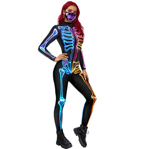 Halloween Colorful Skeleton Printing Long Sleeve Tights Women's Bodysuit