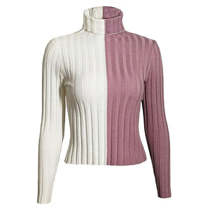 Women's Fashion Long Sleeve High Neck Pullover Splicing Bottom Shirt Top